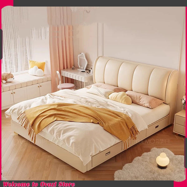 White Cream Cloud Beds Large Size Beauty Wooden Comfortable Upholstered Beds Ergonomic Floor Letto Matrimoniale Home Furniture